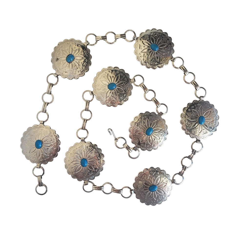Vintage Concho Silver Tone Faux Turquoise Chain Belt Western Southwestern 34"